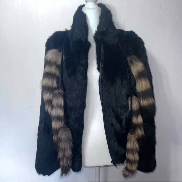 Rabbit Fur Zip Up Mob Wife Fur Coat With Tail Tassels Black M - Picture 12 of 15